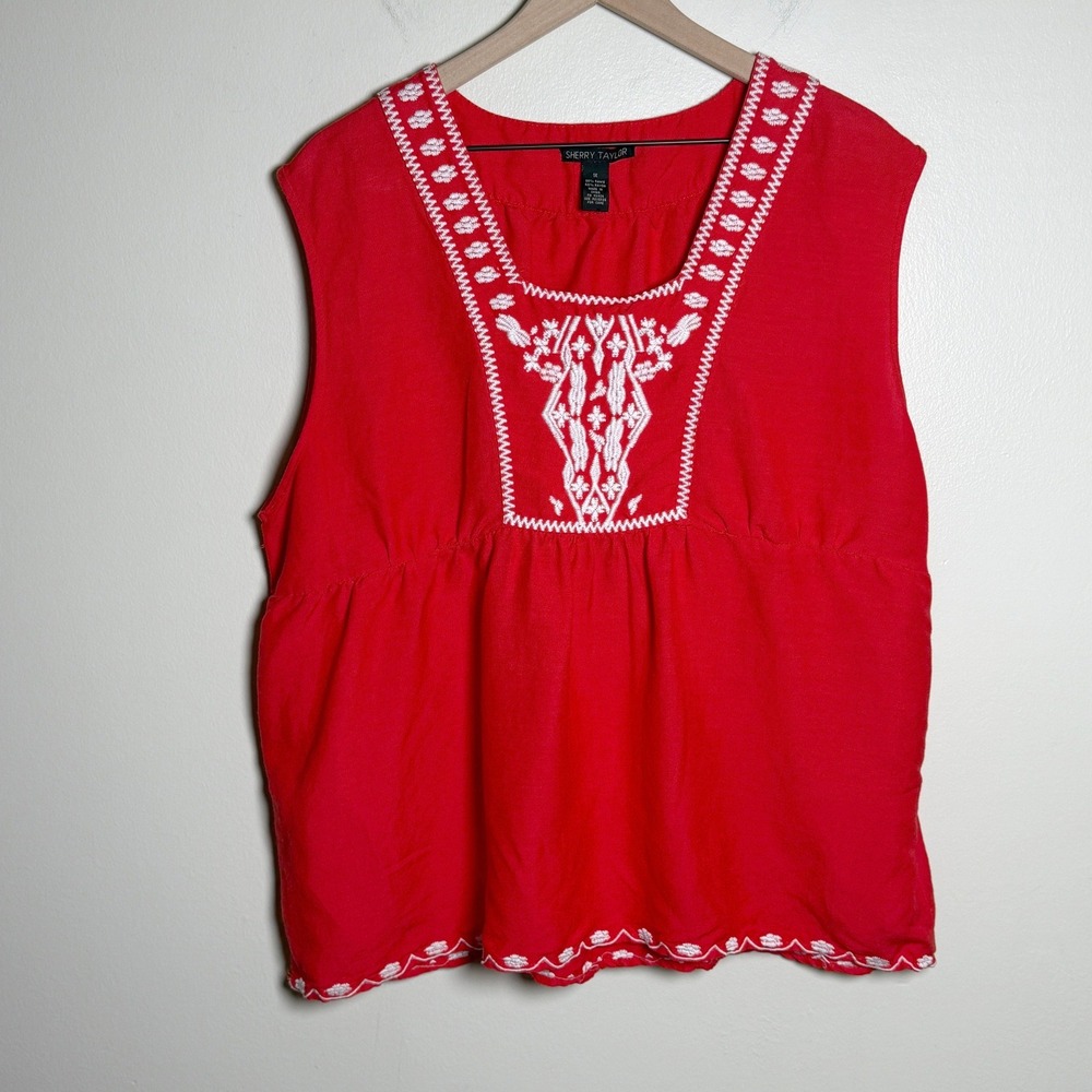 Sherry Taylor Womens Top 1X Red Embroidered Sleeveless Ramie Rayon Side Zip Boho
